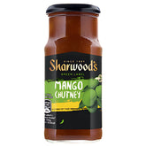A 227g jar of Sharwoods Mango Chutney with a black lid and a label featuring green mango graphics and product details.